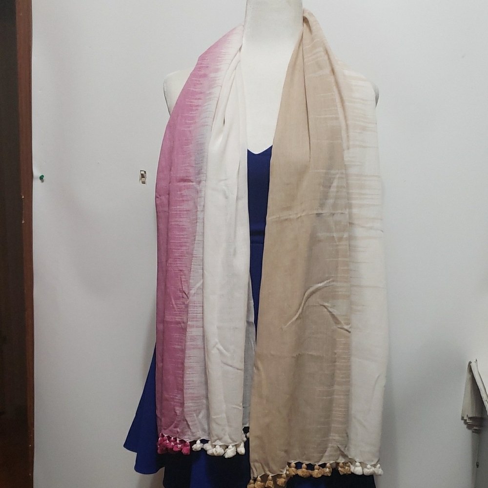 Eileen Fisher Pink and Beige Scarf with Pom Pom Trim
